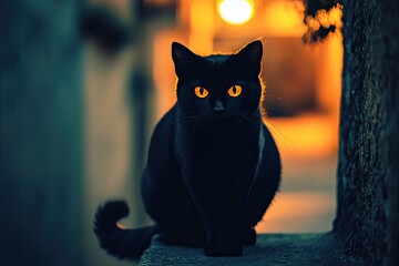 Black cat with orange eyes in the background of lights