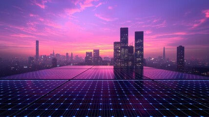 Urban skyline with reflective solar panels, sustainable energy, futuristic cityscape, twilight