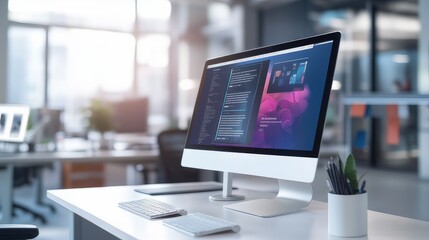 Wall Mural - modern computer display on an office desk with a web design studio concept page. web design company 