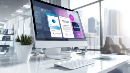 Wall Mural - modern computer display on an office desk with a web design studio concept page. web design company 