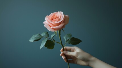 Elegant Female Hand Holding a Beautiful Rose Flower Against a Minimalist Background for Romantic and Aesthetic Concepts