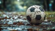 © OlScher - A weathered soccer ball on a rainy path surrounded by fallen leaves