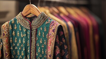 Handcrafted Indian kurta with elaborate beadwork, hanging on a stylish hanger, no people.