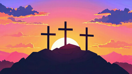 Wall Mural - Three empty crosses on Golgotha at sunset in a cartoon style, depicting a dramatic and colorful biblical scene new stock image illustration AI