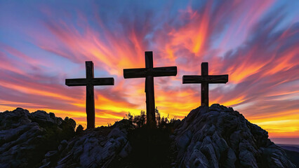 Wall Mural - Three empty crosses on Golgotha at sunset in a cartoon style, depicting a dramatic and colorful biblical scene new stock image illustration AI