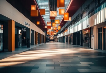 Canvas Print - Empty Shopping Mall Interior With Orange Lights