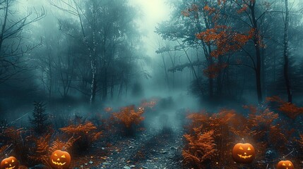 Halloween forest meadow. Halloween background with Evil Pumpkin. Generative AI.