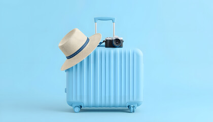 Wall Mural - Blue suitcase with sun glasses, hat and camera on pastel blue background. travel concept minimal . 3d rendering isolated with white highlights, png