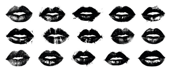 Wall Mural - Set imprint kiss lips. Black silhouettes isolated on transparent background. Realistic vector kiss in black color. Human lips. Lip logo design. Sexy female lips symbols.  Modern pop art grunge style