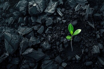 A small plant growing out of a pile of coal, symbolizing hope and resilience