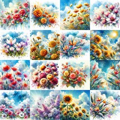 Poster - Watercolor spattering flowers with blue sky, drawing. AI generated illustration