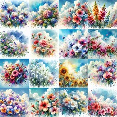 Poster - Watercolor spattering flowers with blue sky, drawing. AI generated illustration