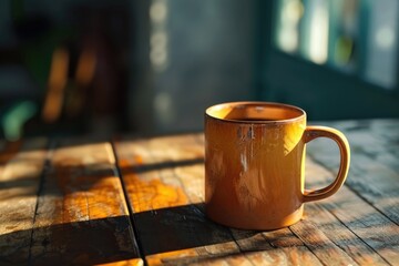 Poster - A cup of coffee sits on a wooden table