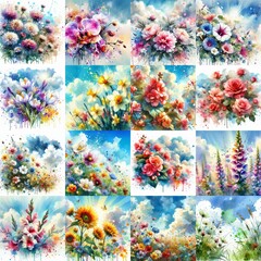 Poster - Watercolor spattering flowers with blue sky, drawing. AI generated illustration