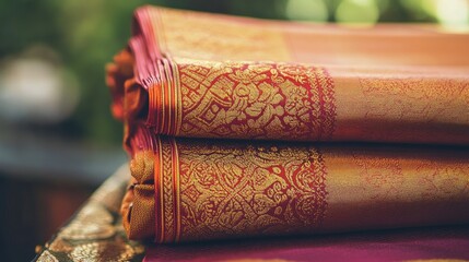 Traditional Indian sari with intricate gold work, folded and placed on a display table, no people.