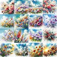 Poster - Watercolor spattering flowers with blue sky, drawing. AI generated illustration