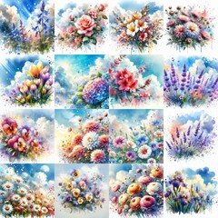 Poster - Watercolor spattering flowers with blue sky, drawing. AI generated illustration