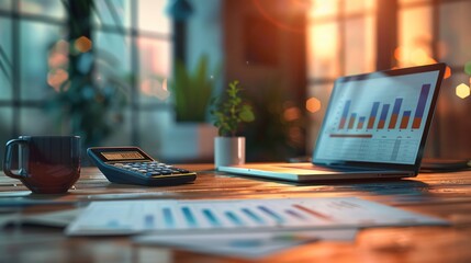 Poster - A business workspace with a laptop displaying financial data and a calculator on a wooden desk, with papers showing VAT calculations. Generative AI.