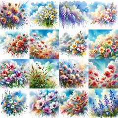 Poster - Watercolor spattering flowers with blue sky, drawing. AI generated illustration