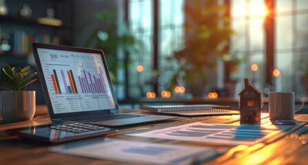 Poster - A business workspace with a laptop displaying financial data and a calculator on a wooden desk, with papers showing VAT calculations. Generative AI.