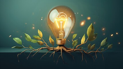 Wall Mural - Bright light bulb with roots, ideas taking root and growing, flat design illustration. Generative AI.