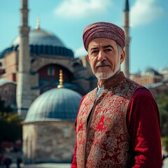 Emam with mosque on background