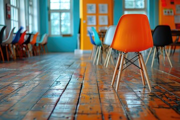 A bright orange chair on a wooden floor in a colorful room with a blurred background