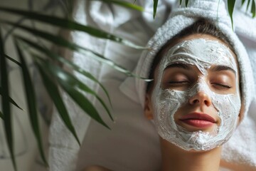 Relaxing woman with a facial mask surrounded by greenery at a spa during a serene wellness retreat experience