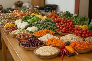 Wall Mural - Global Harvest Table: A large wooden table filled with a variety of fresh produce from around the world--fruits, vegetables, grains, and legumes