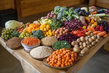 Wall Mural - Global Harvest Table: A large wooden table filled with a variety of fresh produce from around the world--fruits, vegetables, grains, and legumes