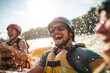 © ChaoticMind - Group of friends enjoying a thrilling white-water rafting adventure on a sunny day, laughing and getting splashed with water while wearing safety gear and helmets.