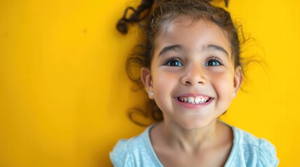 Wall Mural - A cheerful young girl beams with joy, showcasing her bright blue eyes and curly hair against a lively yellow backdrop. Generative AI