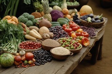 Wall Mural - Global Harvest Table: A large wooden table filled with a variety of fresh produce from around the world--fruits, vegetables, grains, and legumes