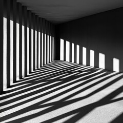 Poster - A captivating shot of a colonnade with dramatic shadows playing on its textured wall, exhibiting the symmetry and depth created by light and architectural form in a minimalist style.