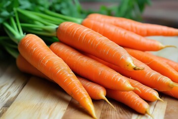 Freshly picked carrots resting on a wooden cutting board