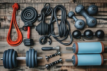 Sticker - Various gym machines and tools arranged on a wooden platform, suitable for fitness classes or personal training