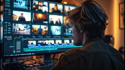 Fototapete - A person tv editing, broadcast switching on a computer. Generative AI.