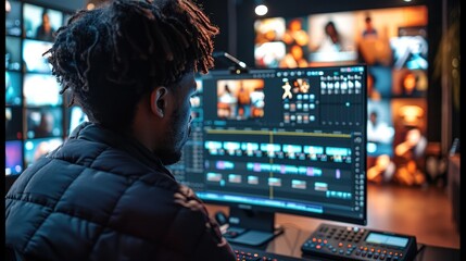 Fototapete - A person tv editing, broadcast switching on a computer. Generative AI.