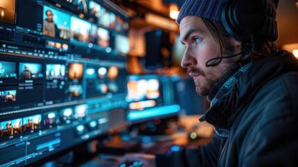 Fototapete - A person tv editing, broadcast switching on a computer. Generative AI.