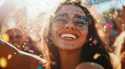 A happy woman wearing sunglasses, enjoying a confetti-filled festival, basking in the warmth of the sun and the lively, joyful atmosphere with a radiant smile on her face.