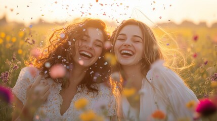 Two happy women with curly and straight hair enjoying an outdoor fun moment in a vibrant flower field, surrounded by sunlight and colorful confetti, celebrating connection and joy.