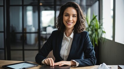 A portrait of a happy businesswoman holding a touchpad in an office, looking confidently at the camera with a warm smile.