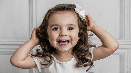 A portrait of a happy, cute brunette girl with a bright smile, set against a white background.