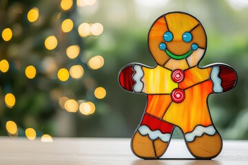 Playful stained glass gingerbread man with candy buttons and icing details