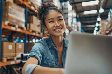 Wall Mural - A woman sits at a table in a warehouse, typing away on her laptop