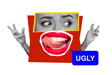 Canvas Print - Creative picture collage woman face fragments eyes cutout mouth lick tongue ugly textbox message cruel abuse harassment bullying