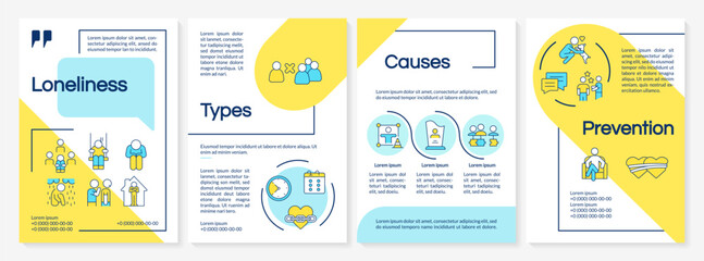 Mental loneliness blue and yellow brochure template. Leaflet design with linear icons. Editable 4 vector layouts for presentation, annual reports. Questrial, Lato-Regular fonts used
