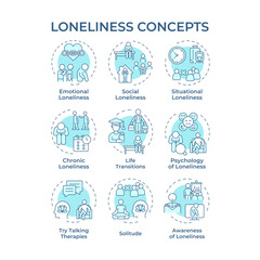 Sticker - Loneliness soft blue concept icons. Psychology science, mental health. Socializing, relationships. Icon pack. Vector images. Round shape illustrations for infographic, presentation. Abstract idea