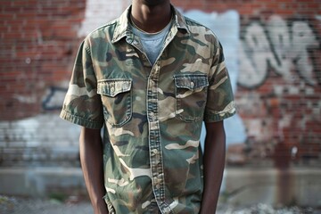 Wall Mural - a man in a camo shirt standing in front of a brick wall