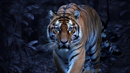 A proud Sumatran tiger prowling towards the camera, showcasing its powerful presence and striking features.